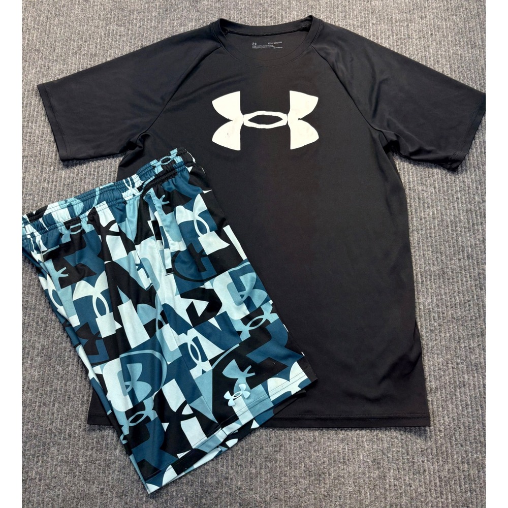 Under Armour Kids HeatGear Shirt and Shorts Set Black Blue Logo YXL YLG